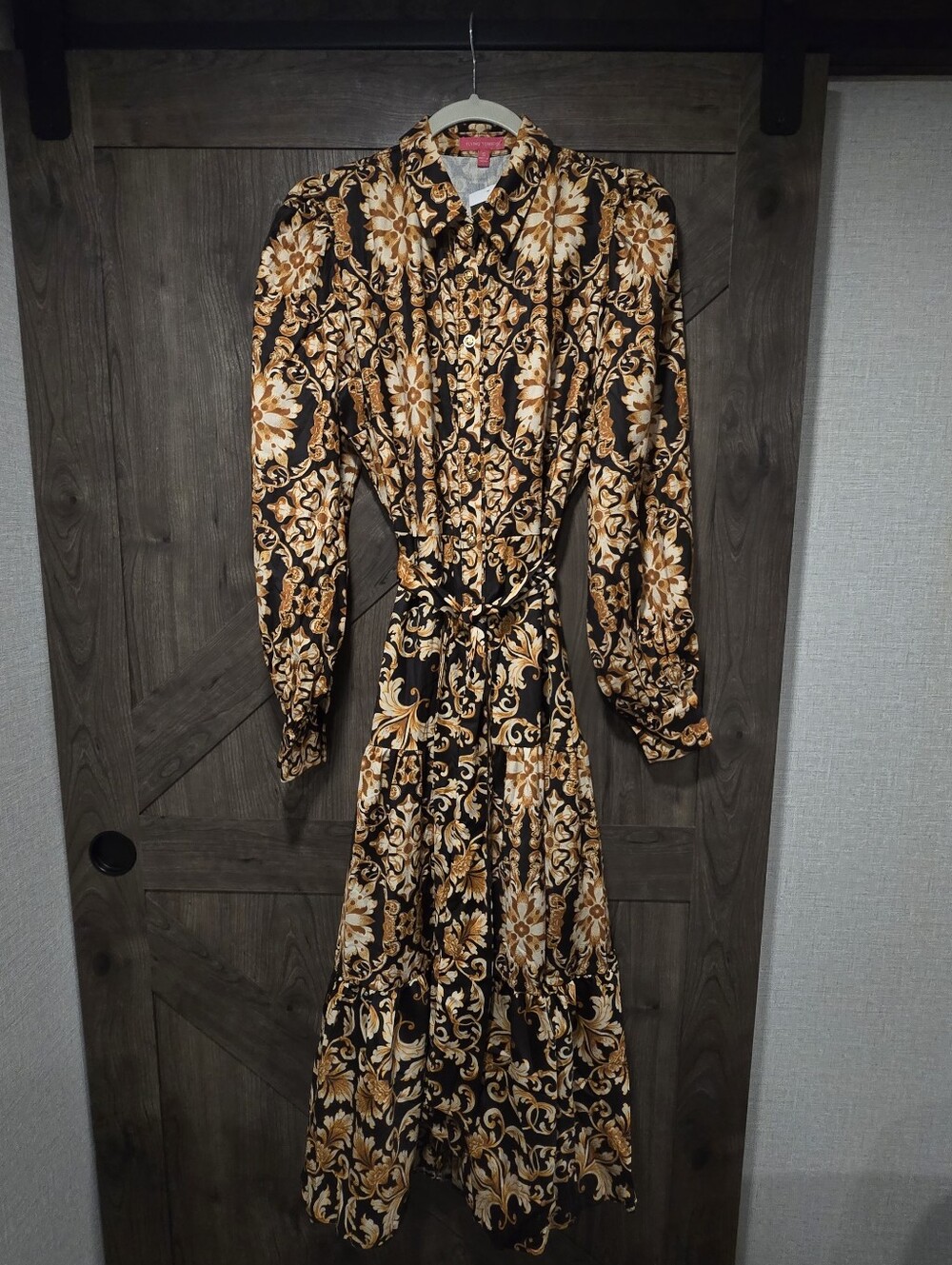 Flying Tomato Baroque Midi Dress Gold Black Tie Waist Puff Sleeve Old Money